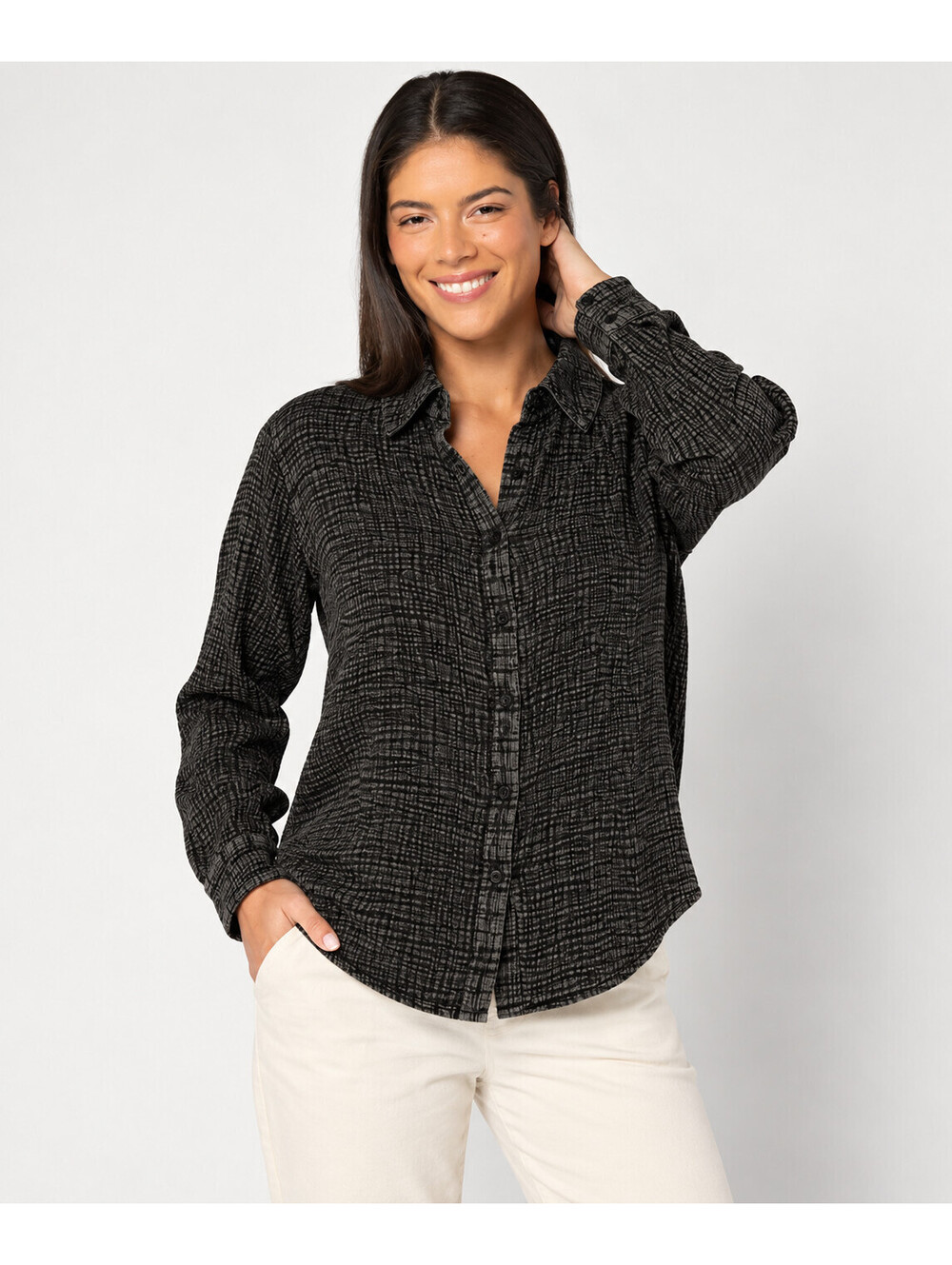 Peace Love World Washed Cotton Gauze Top with Embroidery Black, Size Medium